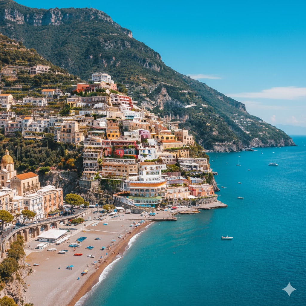 Amalfi Coast view with colorful cliffside houses, Italy