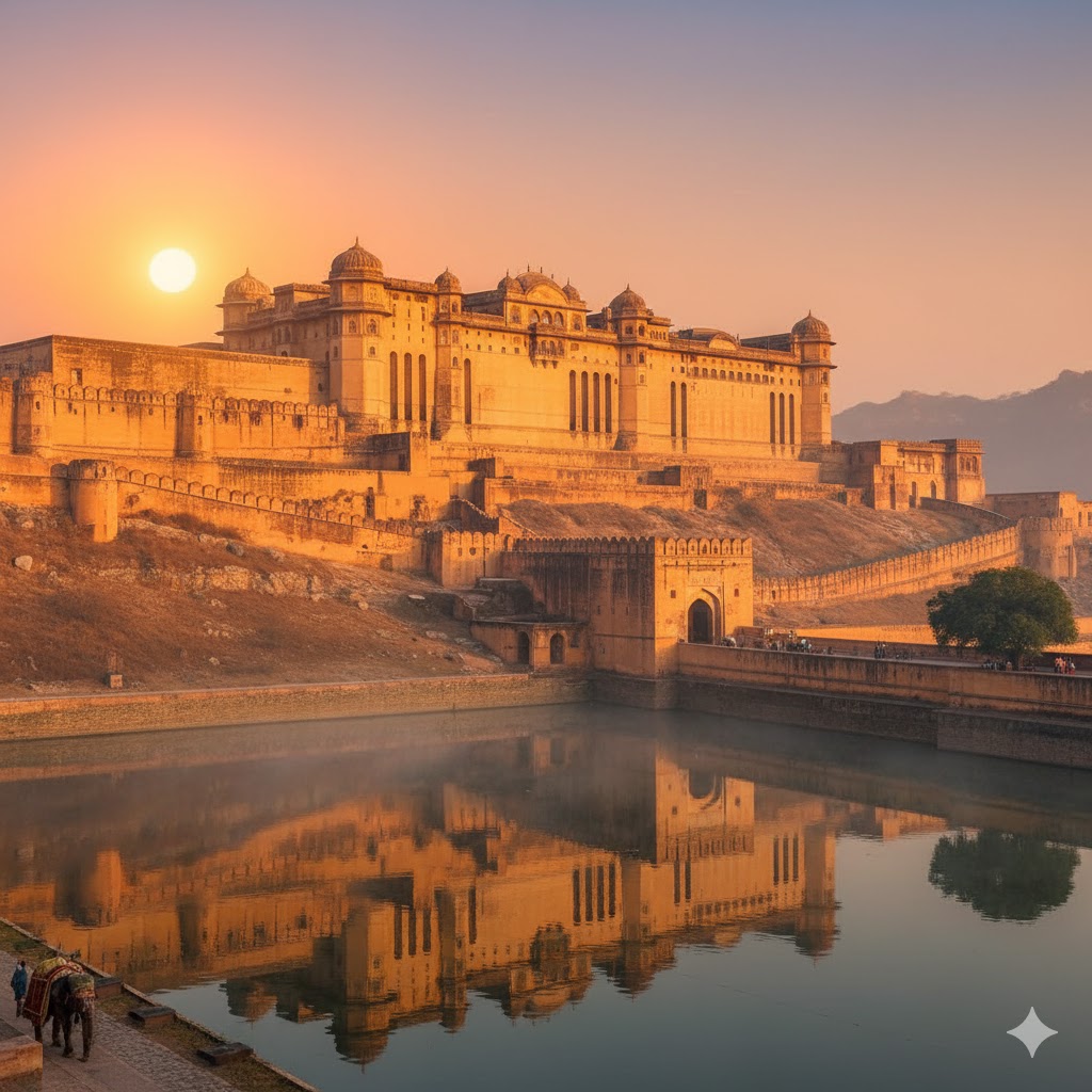Amer Fort in Jaipur with sunrise and Rajput architecture 