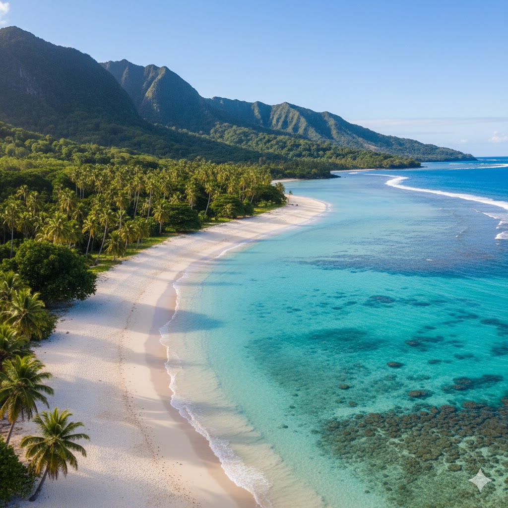 American Samoa beach with rainforest backdrop and clear blue water