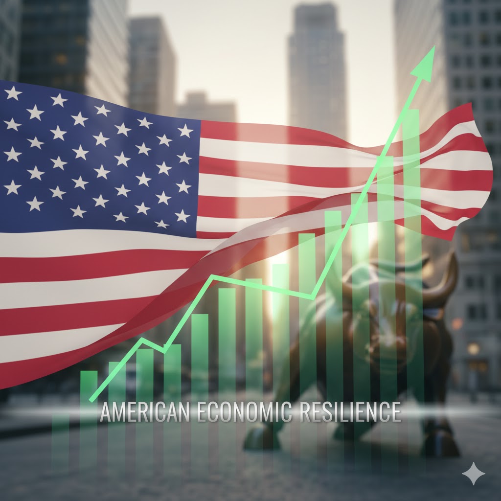 American flag overlaying a growing stock chart symbolizing national economic resilience