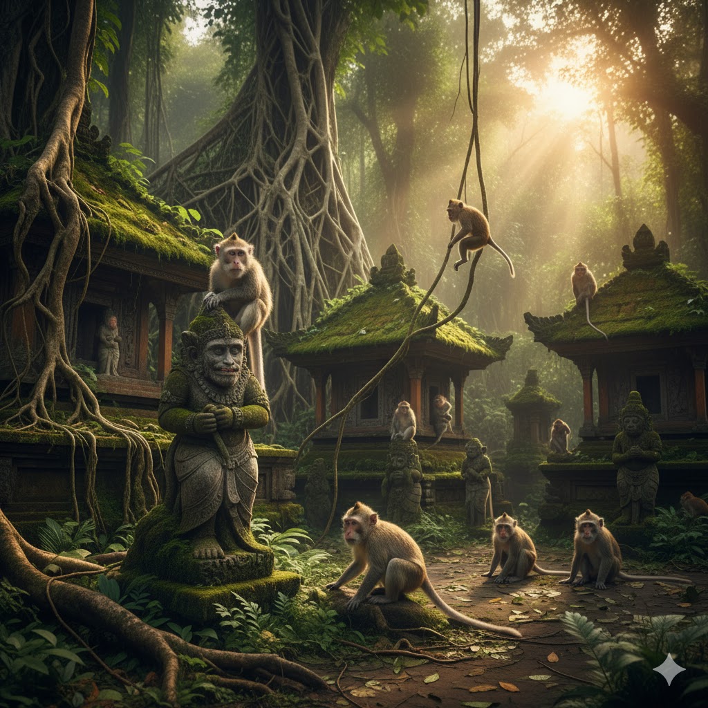 Ancient Balinese temple overgrown with vines and guarded by monkeys. 