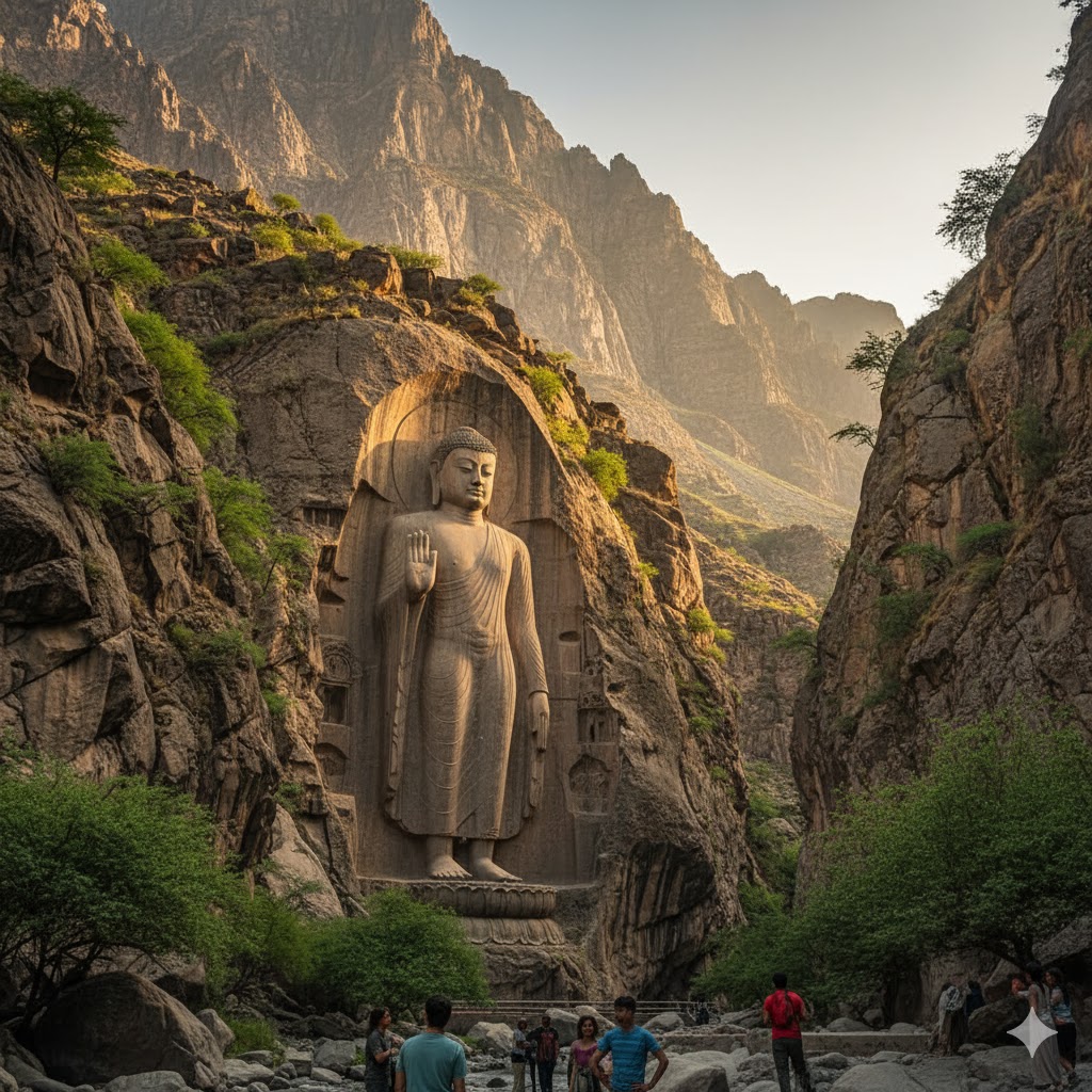 Ancient Buddha carving at Kargah in Gilgit surrounded by mountain cliffs