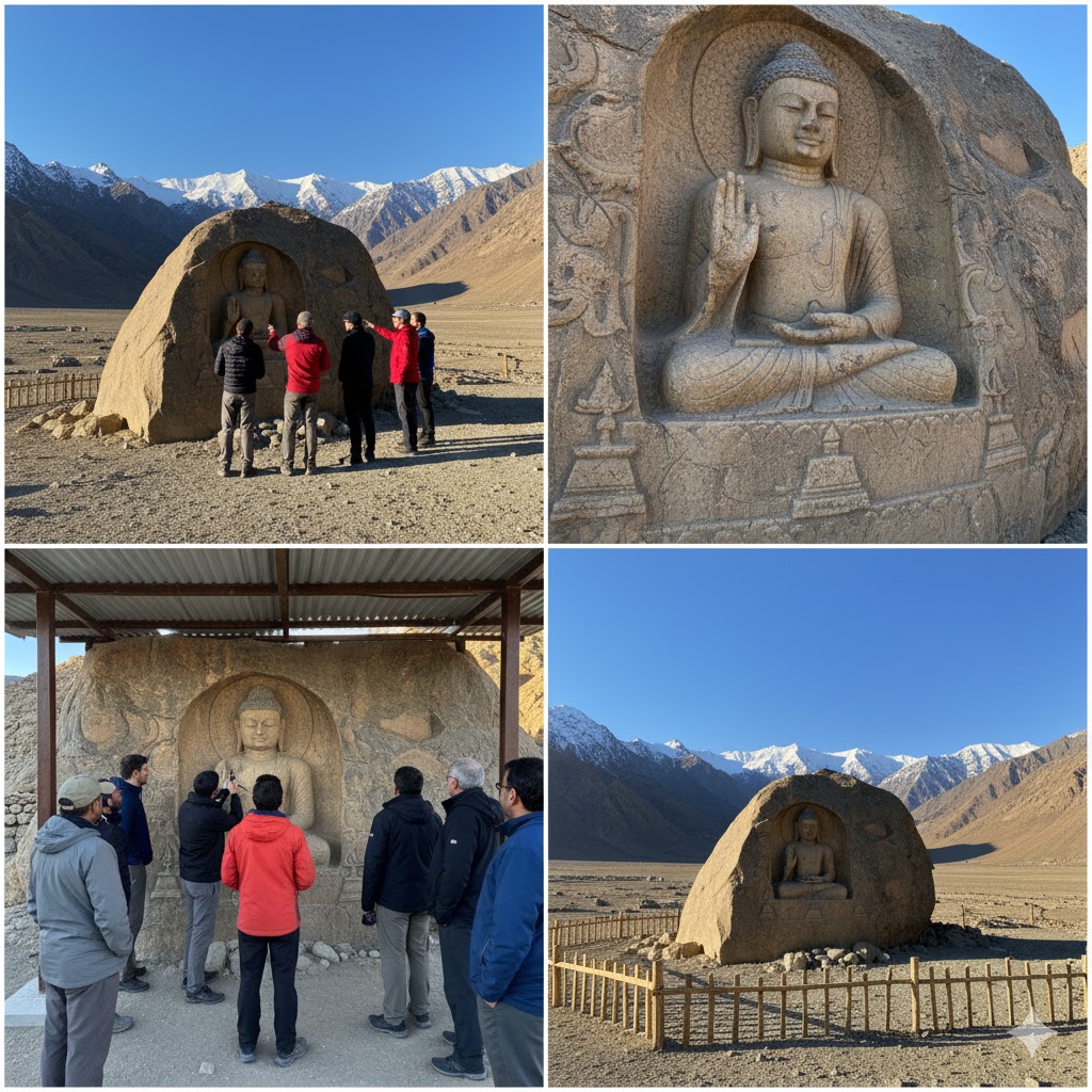 Ancient Buddha carving on Manthal rock near Skardu with tourists examining details