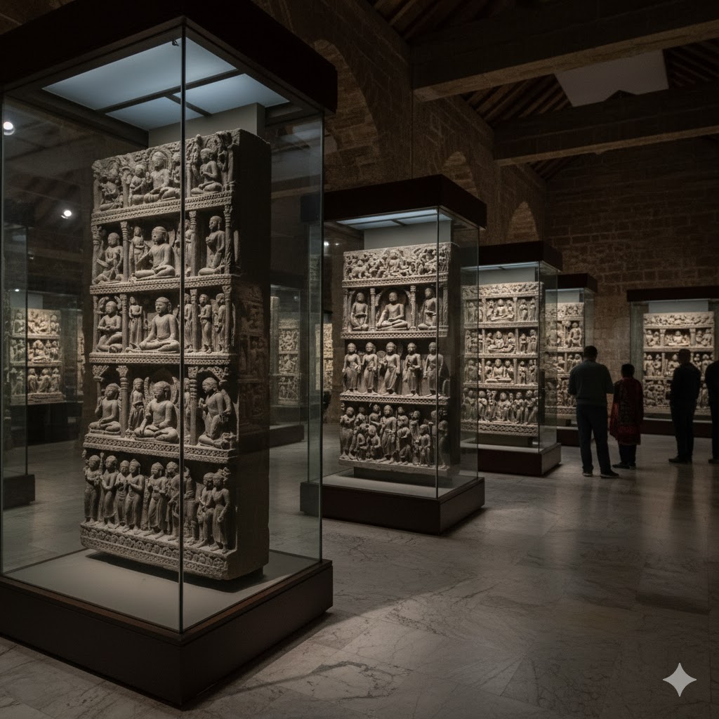 Ancient Gandhara art carvings displayed in Peshawar Museum depicting Buddha’s life