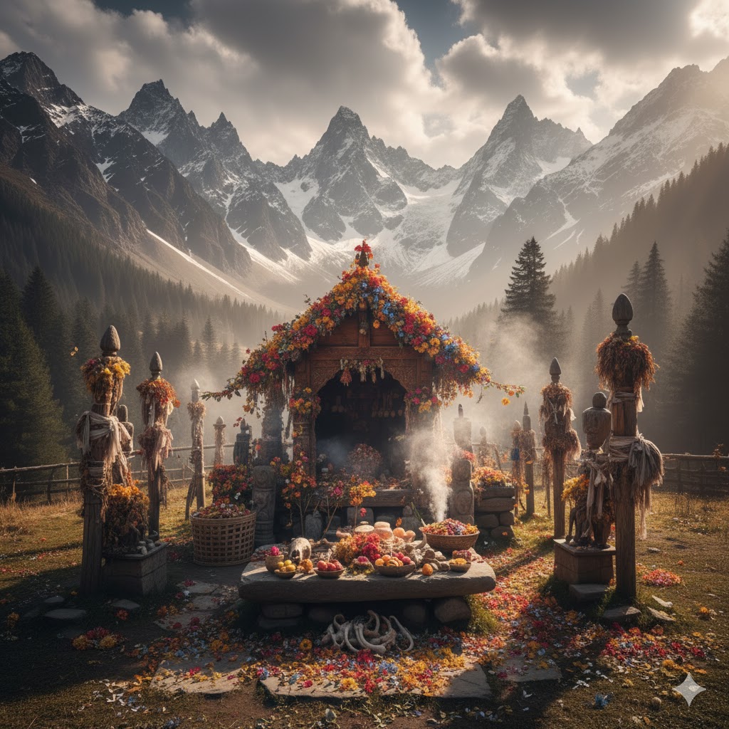 Ancient Kalash shrine adorned with flowers and ritual offerings, set against a mountainous backdrop.