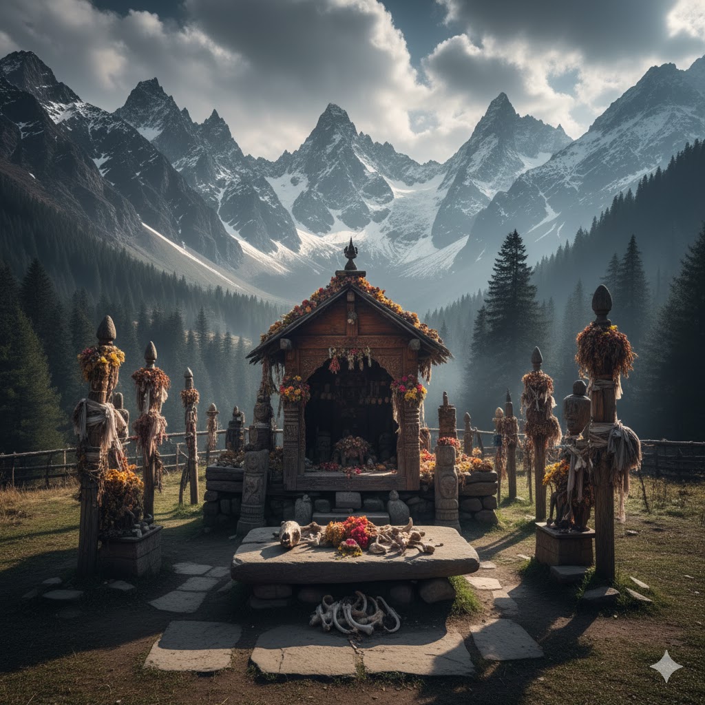 Ancient Kalash shrine with ritual offerings surrounded by snow-capped mountains
