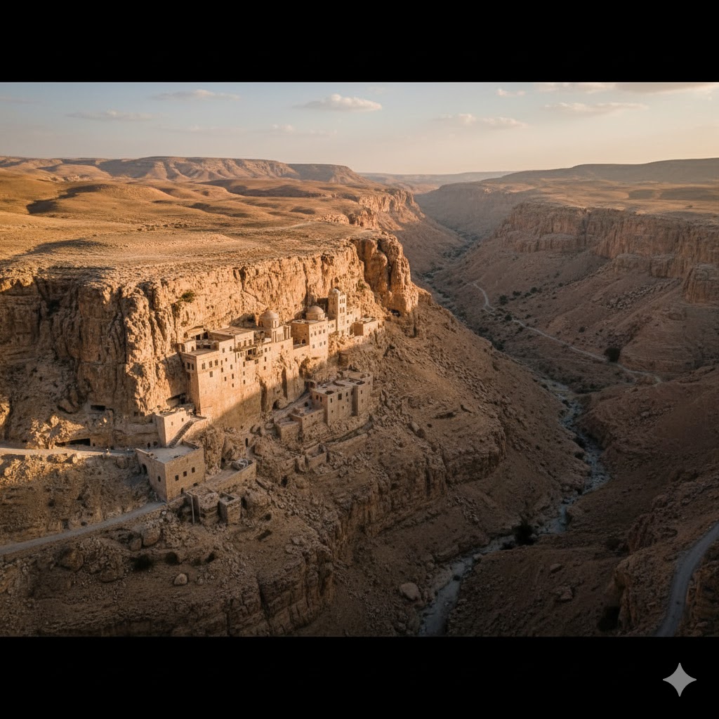  Ancient Mar Saba Monastery built into desert cliffs overlooking Kidron Valley in Jordan. 