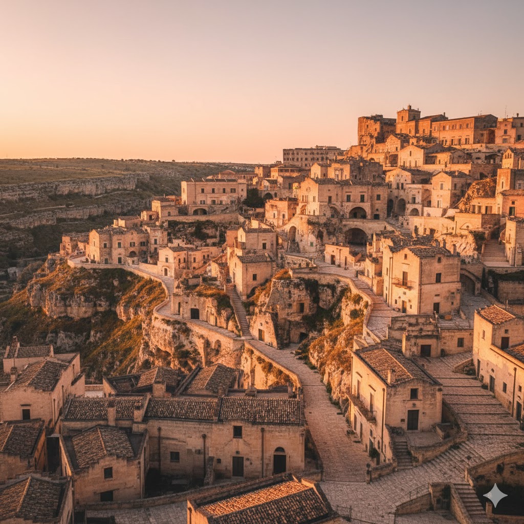 Ancient cave dwellings in Matera, Italy with warm limestone hues