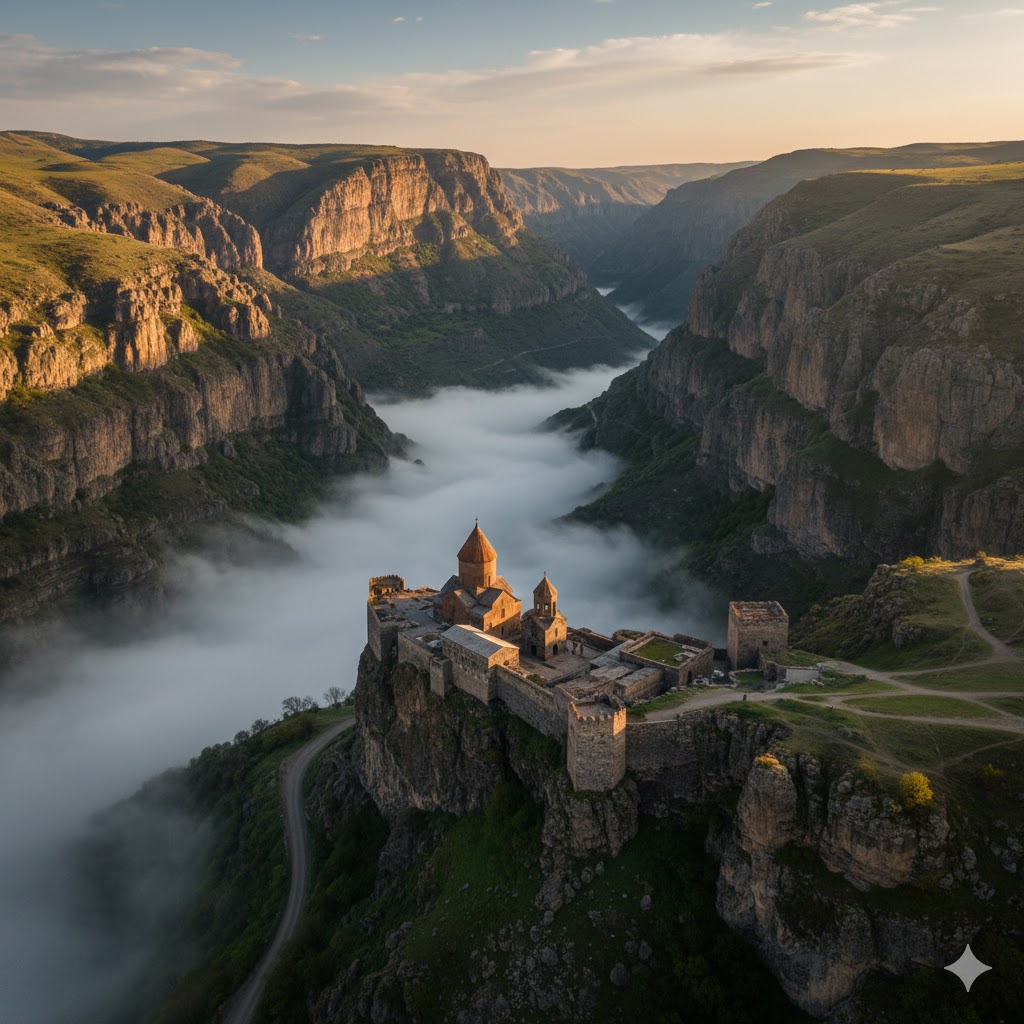Ancient deserted monastery in Tatev Gorge, Armenia surrounded by cliffs and mist.
