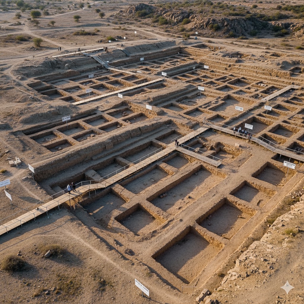 Ancient excavation trenches at Mehrgarh site with labeled sections and walkways