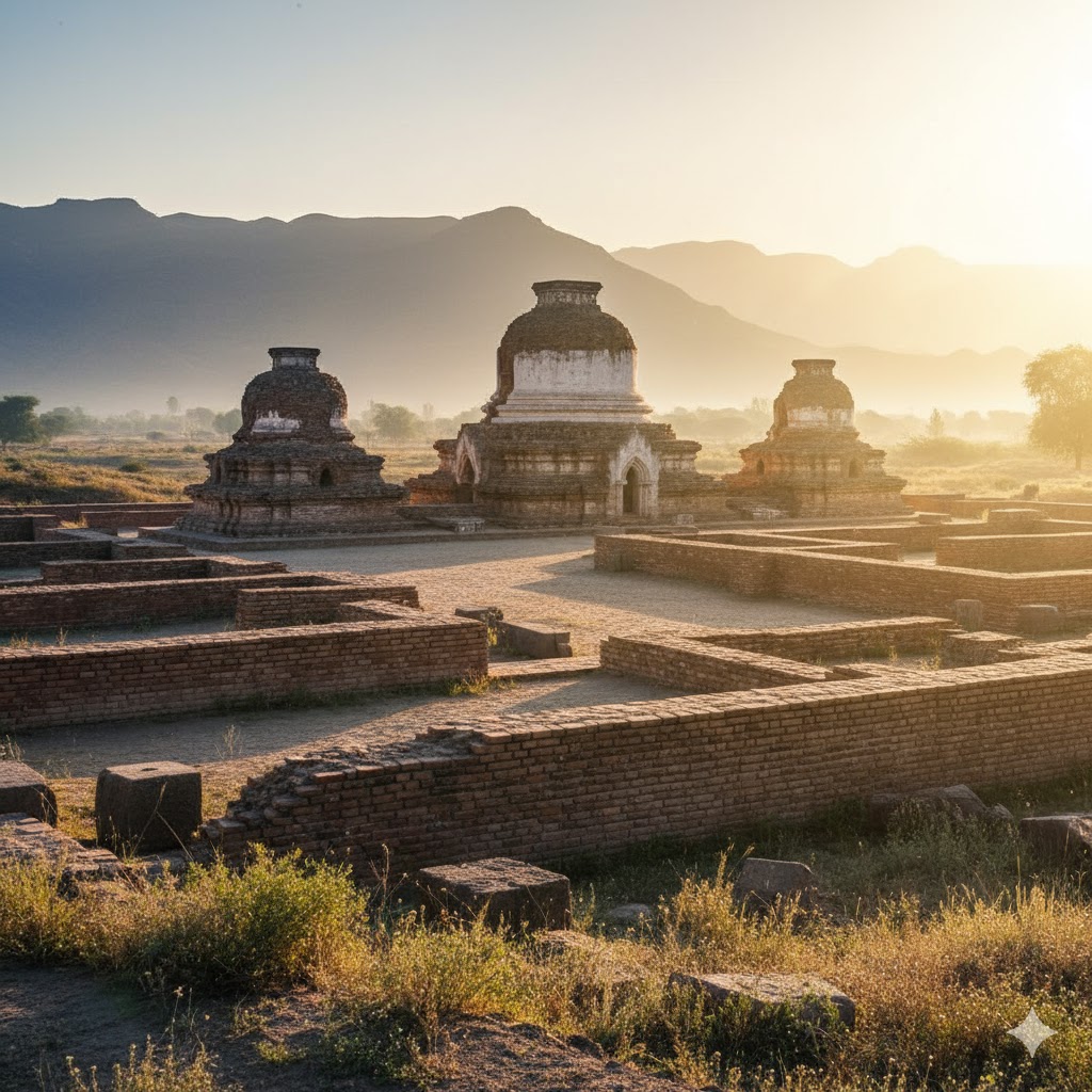 Ancient heritage site ruins in Pakistan bathed in golden sunrise light