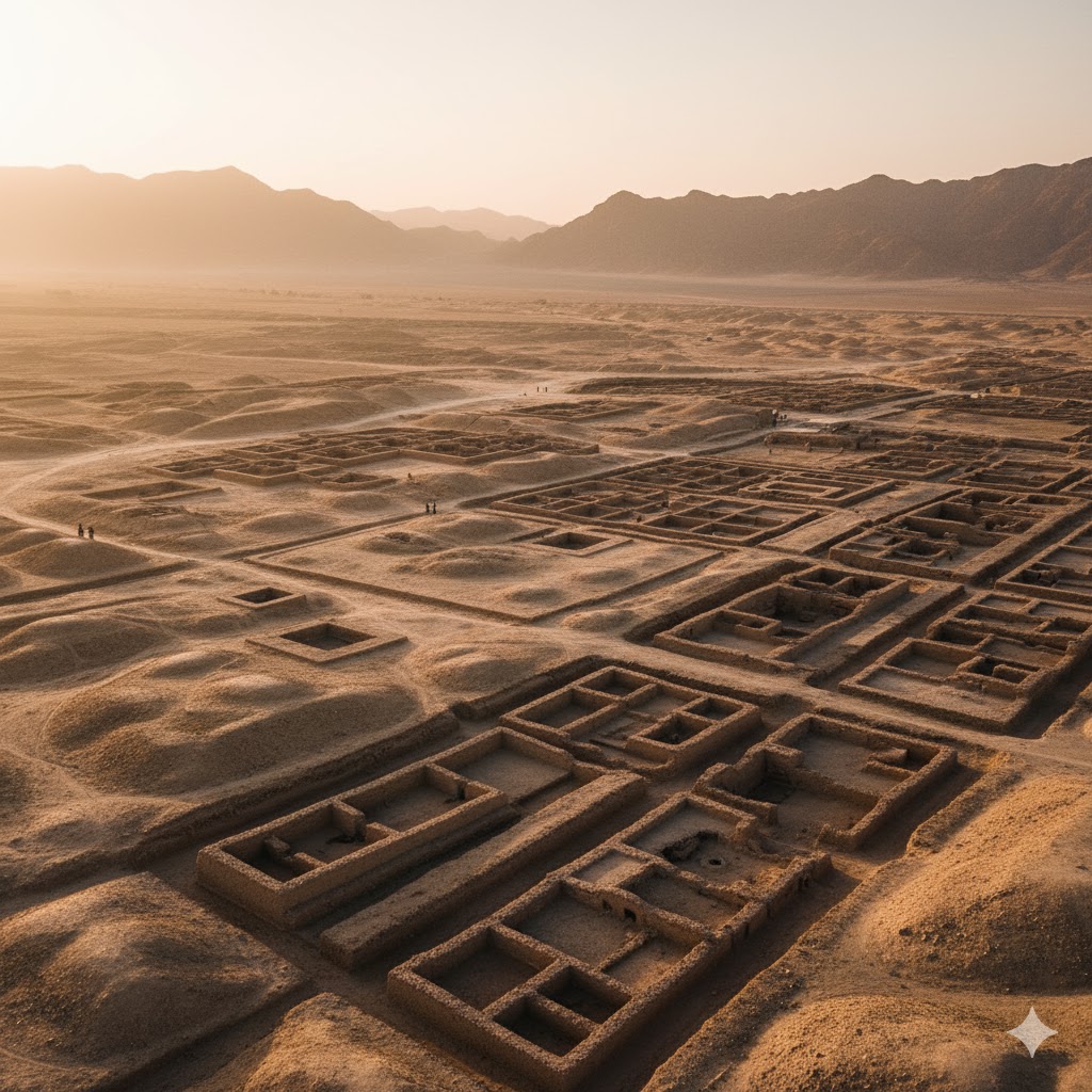 Ancient mud-brick structures and excavation trenches at Mehrgarh site, Balochistan