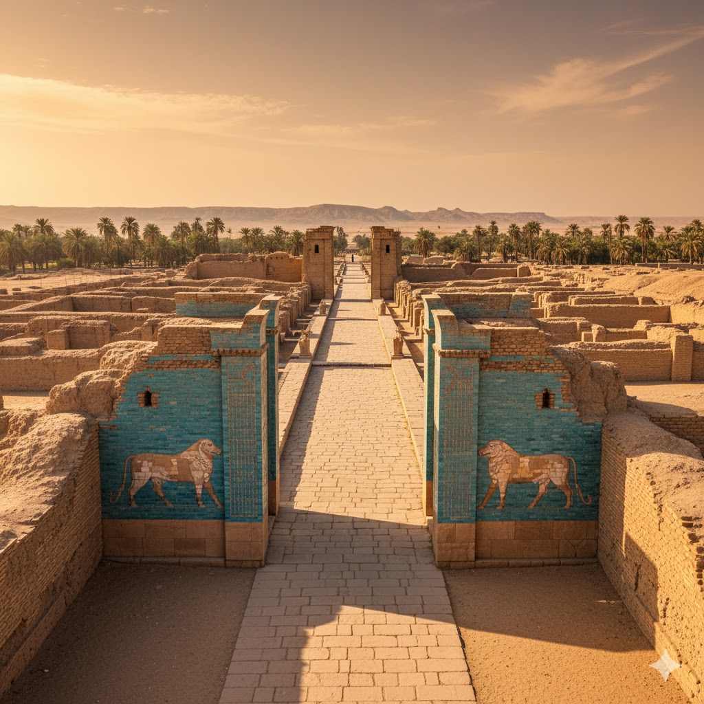 Ancient ruins of Babylon under warm desert sunlight, Iraq