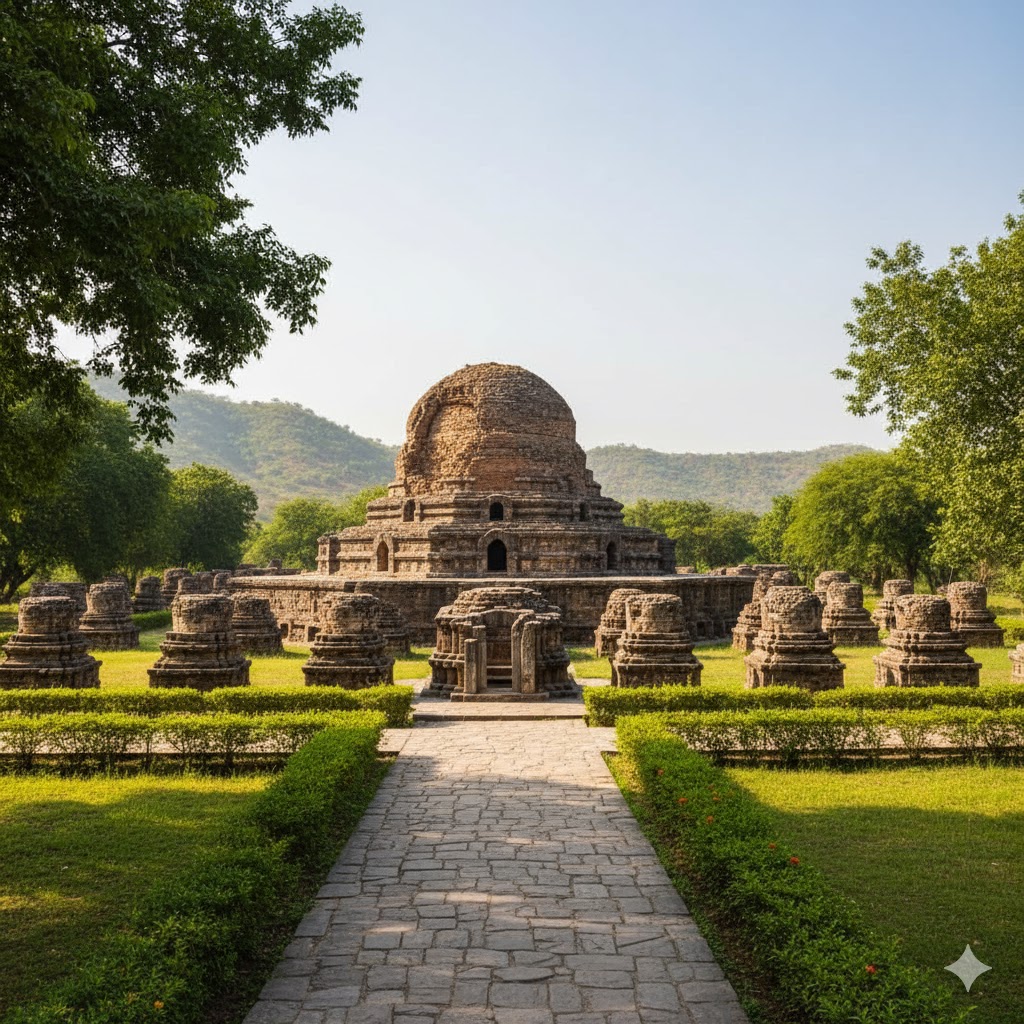 Ancient ruins of Dharmarajika Stupa in Taxila with greenery around