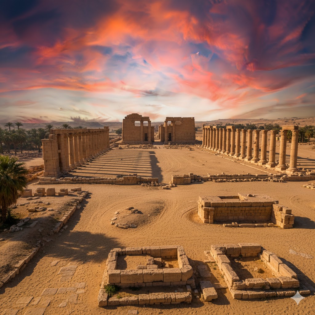 Ancient ruins of Palmyra temple complex under desert sky, Syria