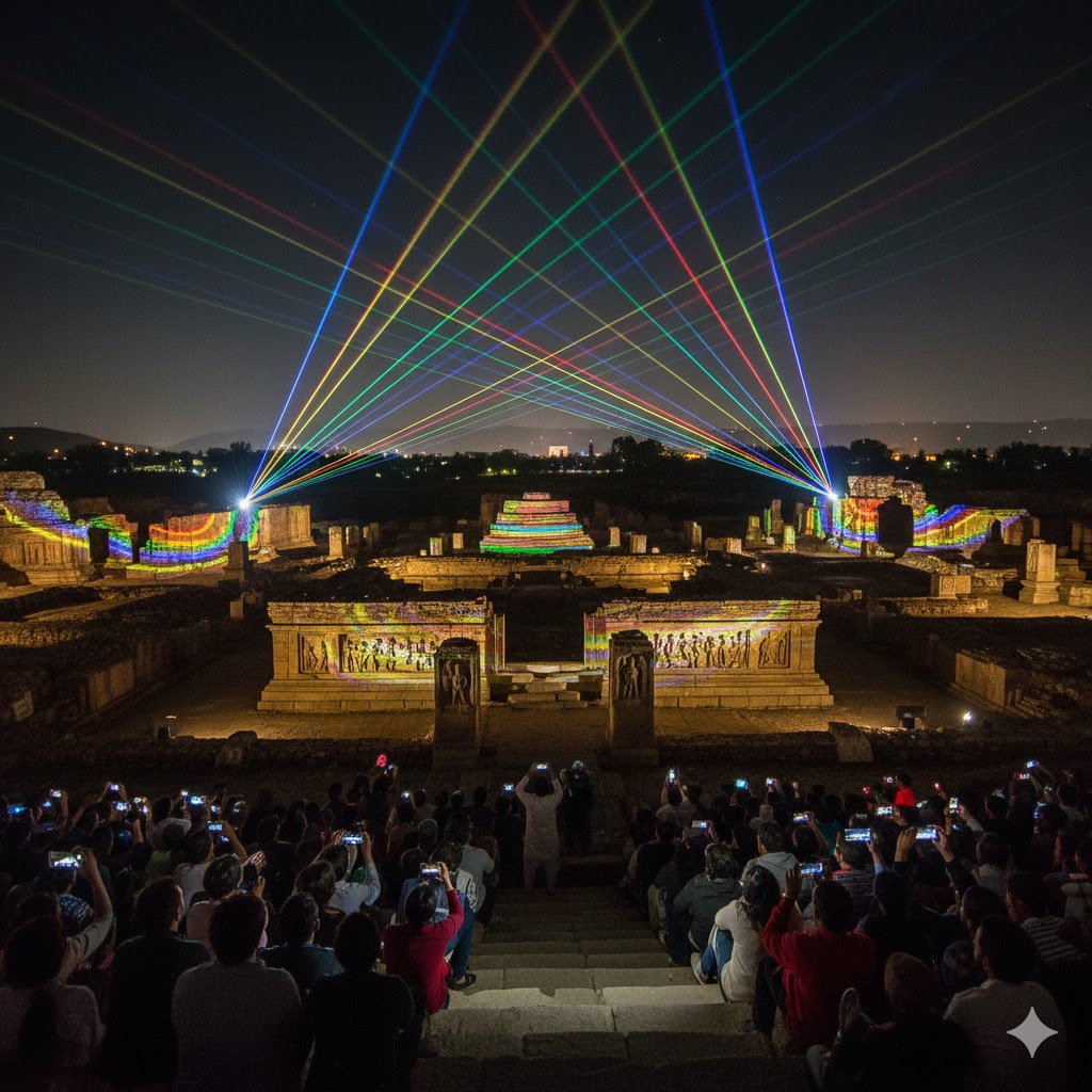 Ancient ruins of Sirkap illuminated during light and sound show in Taxila, Punjab.