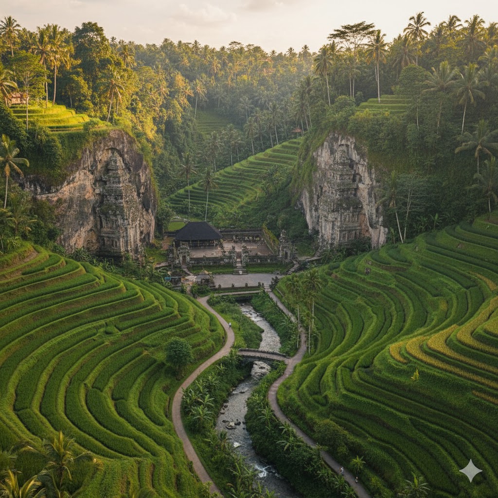 Ancient stone-carved temple of Gunung Kawi hidden in a Balinese valley surrounded by rice terraces.