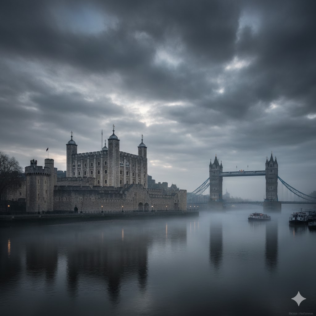 Ancient stone fortress of the Tower of London under a gray dawn sky beside the Thames. 