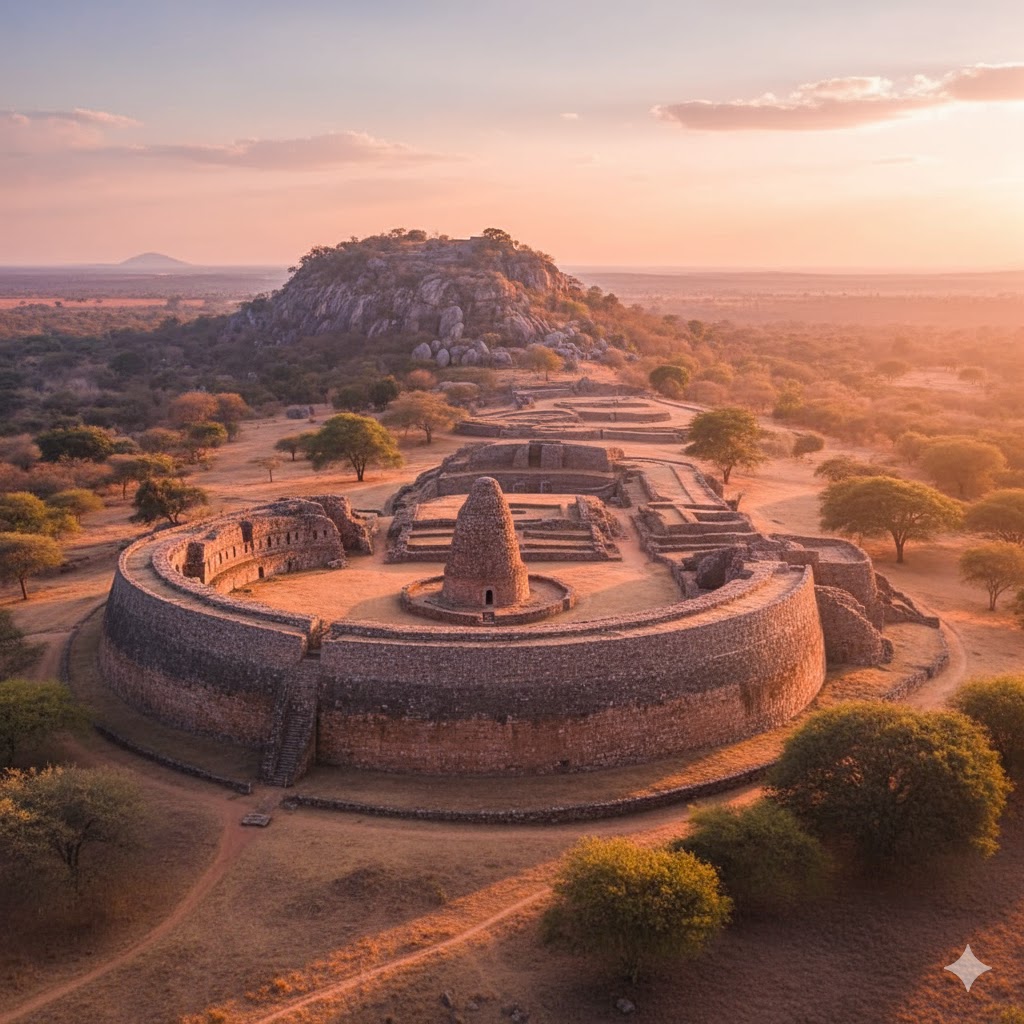 Ancient stone ruins of Great Zimbabwe under warm evening light, Zimbabwe