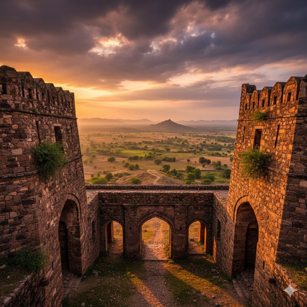 Ancient stone walls of Rawat Fort with arched gateways and panoramic view of Potohar landscape
