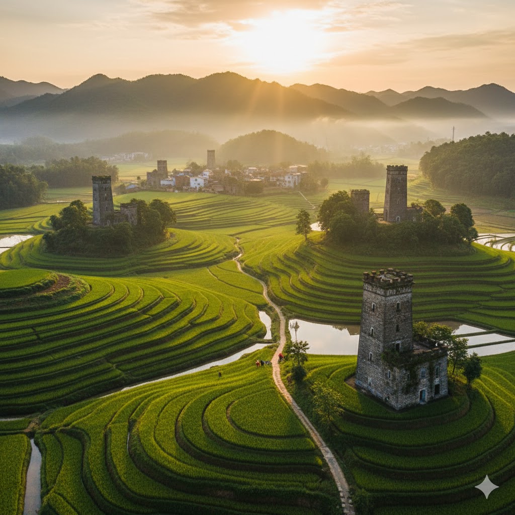 Ancient stone watchtowers surrounded by rice paddies in Kaiping, China.