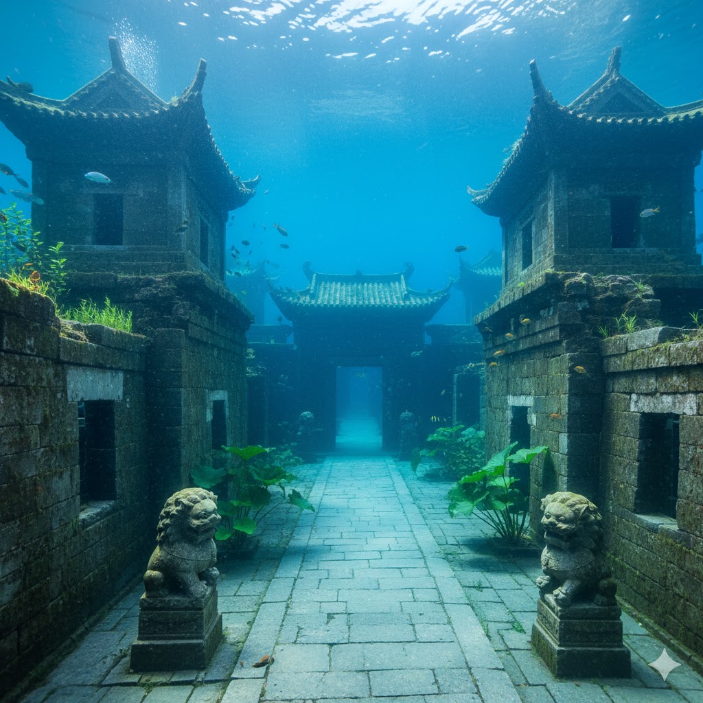 Ancient submerged stone city under clear blue water in Qiandao Lake, China.