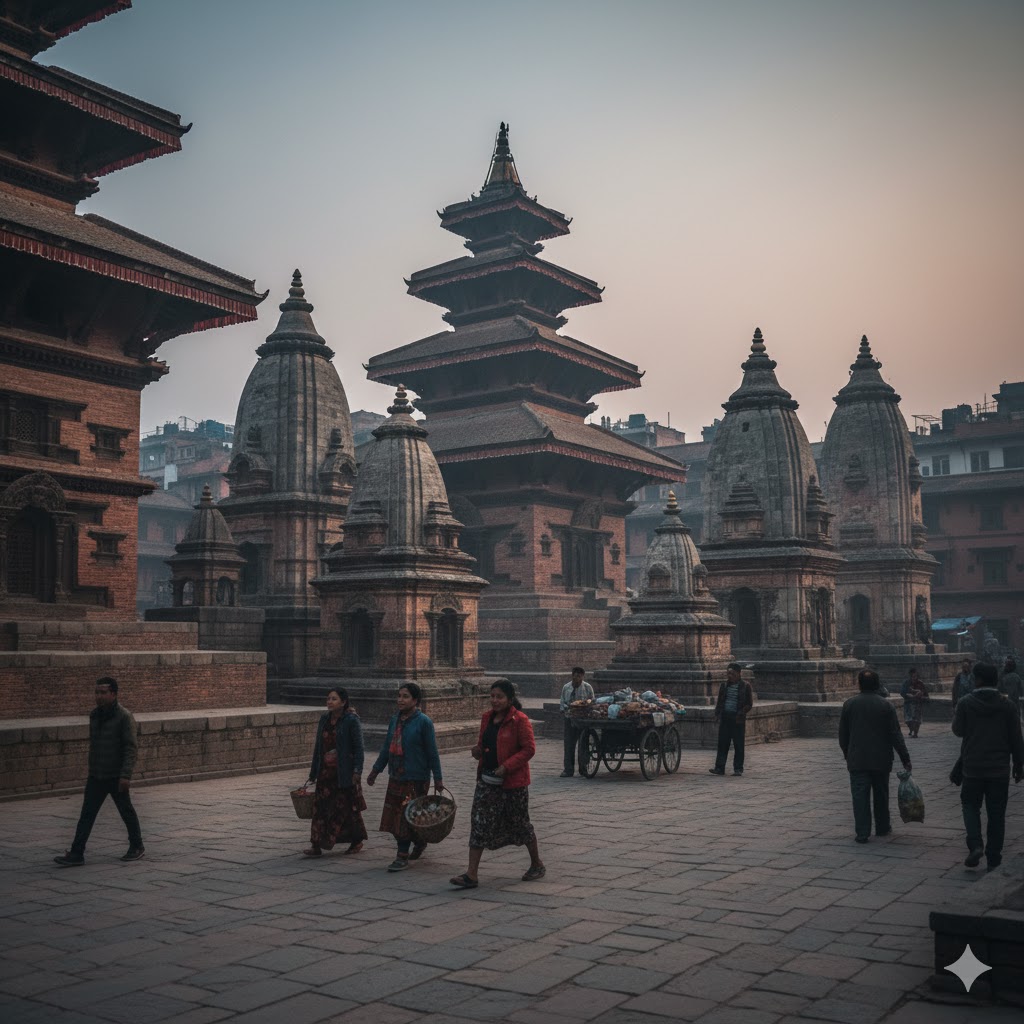 Ancient temple square in Bhaktapur, Nepal with medieval architecture 