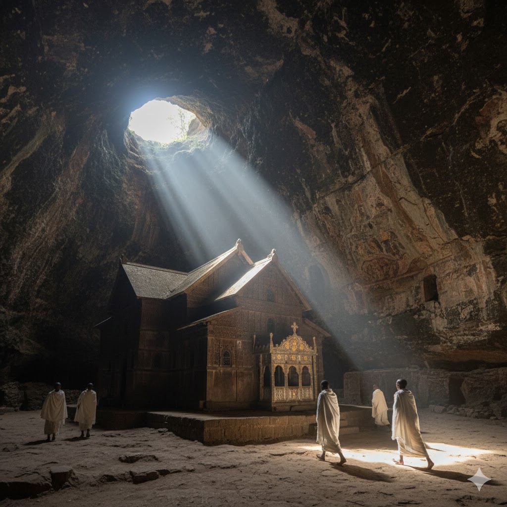 Ancient wooden church of Yemrehanna Kristos hidden inside a limestone cave in Ethiopia.