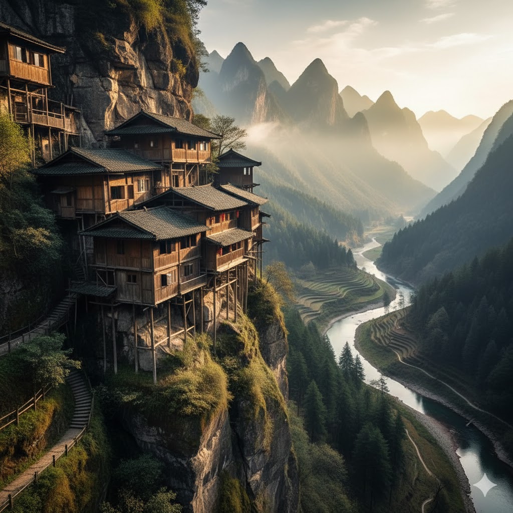 Ancient wooden hanging houses on a cliffside in Gaoyi Village, Hunan, China. 