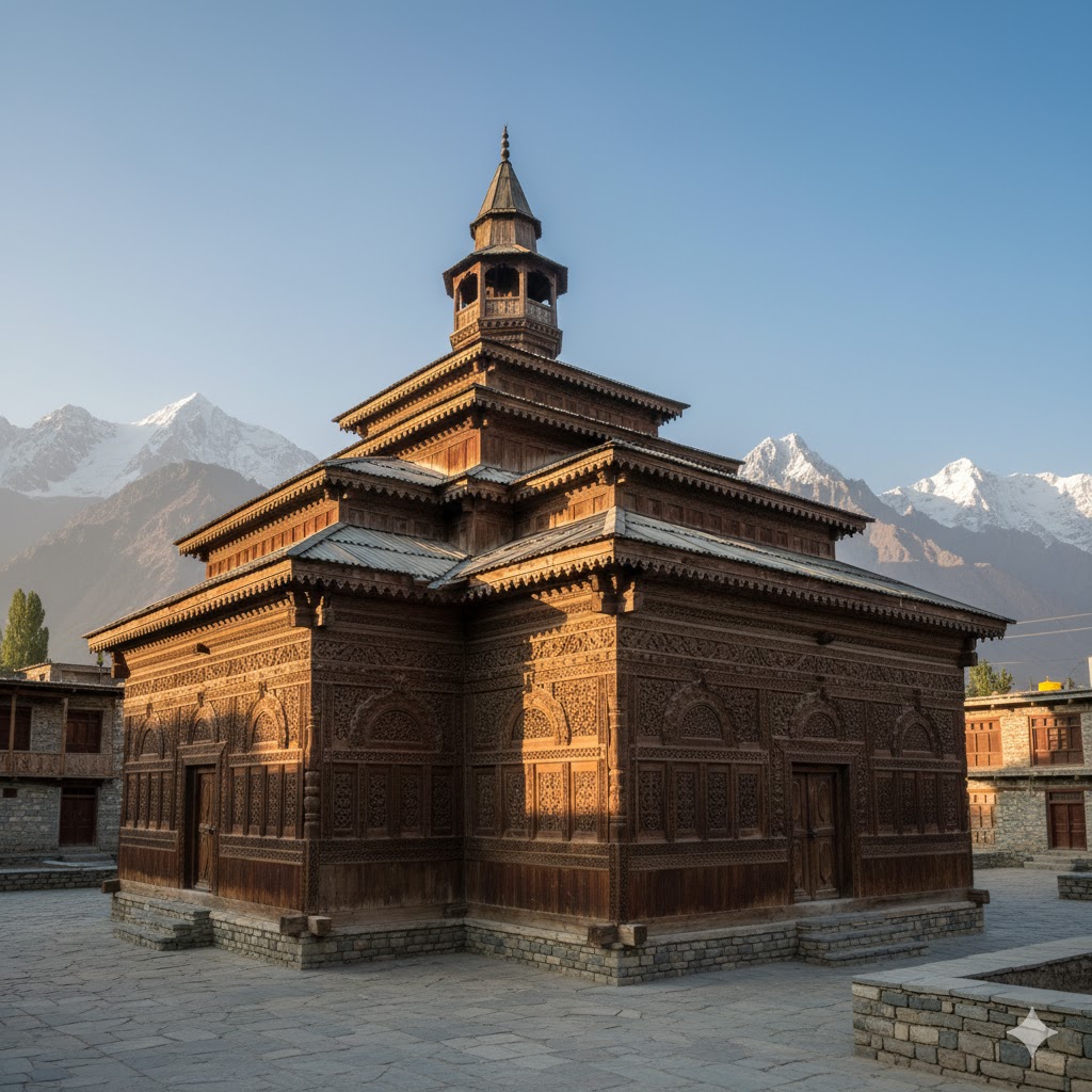 Ancient wooden mosque in Ganish Village Hunza, showcasing centuries-old carvings.
