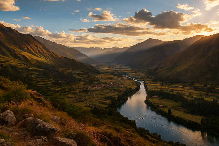 Andean Sound Valleys Panoramic-view-of-the-Andean-valleys-in-Peru,-with-terraced-fields-and-villages