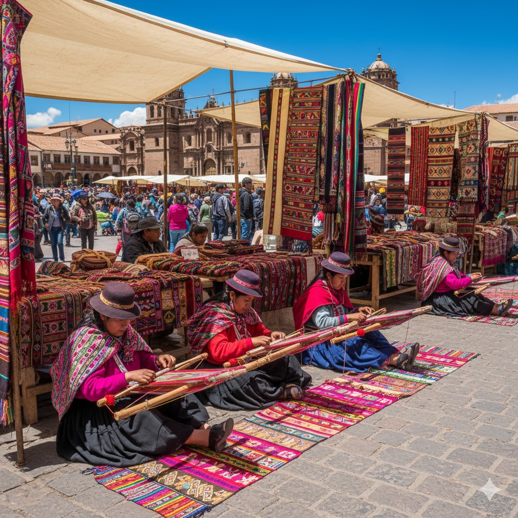 Andean artisans weaving colorful fabrics at Inti Raymi handcraft fair in Cusco.