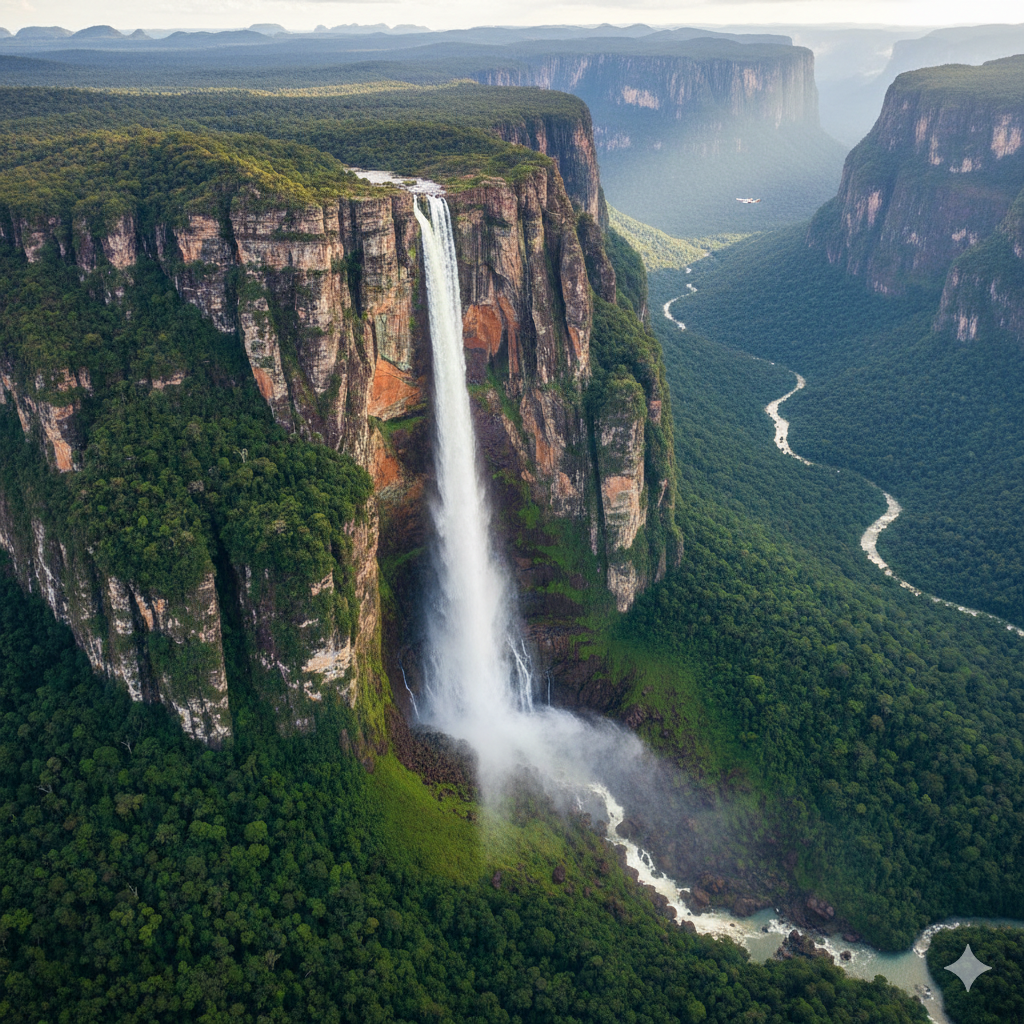 Angel Falls Venezuela waterfall surrounded by rainforest 