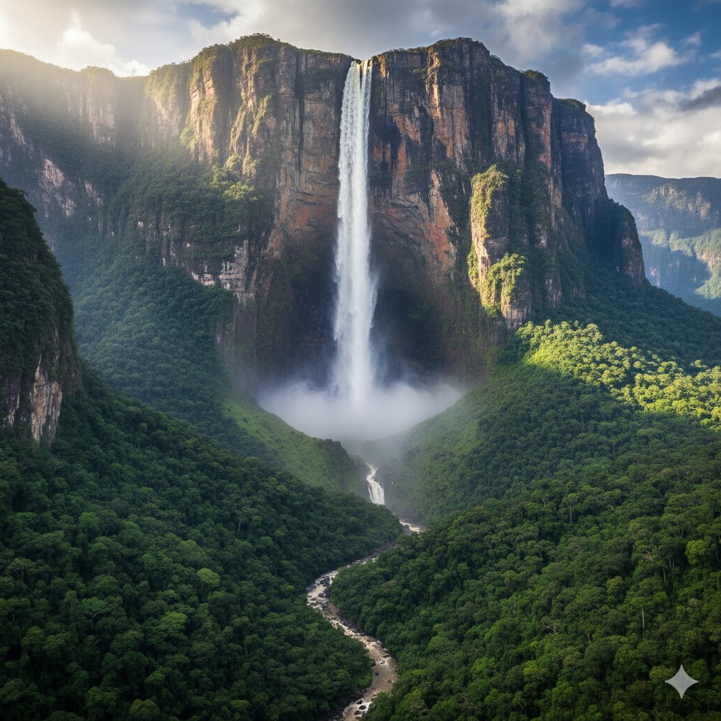 Angel Falls cascading from Auyán-Tepuí mountain surrounded by rainforest, Venezuela