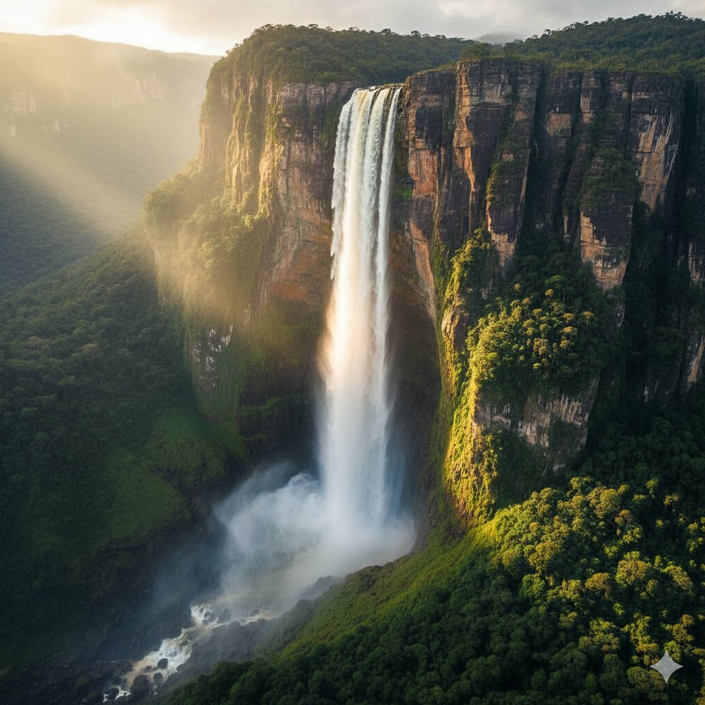 Angel Falls drenching a verdant tepui wall with mist pluming into the rainforest below. Angel Falls drenching a verdant tepui wall with mist pluming into the rainforest below.