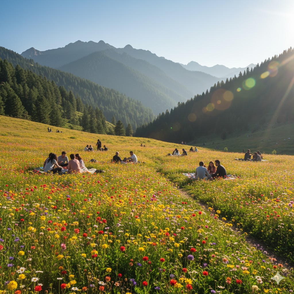 Angoori Valley picnic spot near Islamabad filled with colorful wildflowers and mountain views.