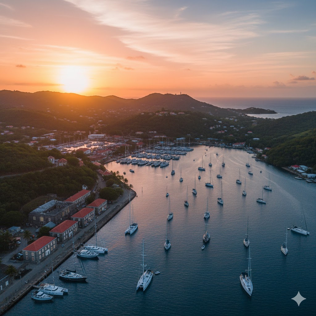 Antigua’s English Harbour from above at sunset