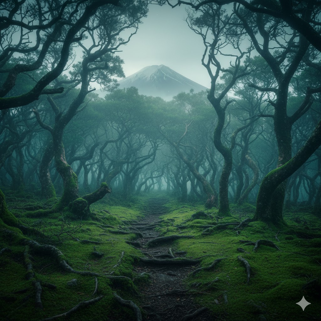 Aokigahara Forest Japan under Mount Fuji covered in mist and green moss with narrow trail.