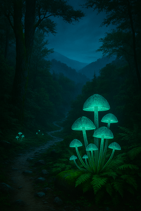 Appalachian Trails Autumn-forest-scene-along-the-Appalachian-Trail-with-glowing-mushrooms,-winding-path,-and-misty-mountain-backdrop