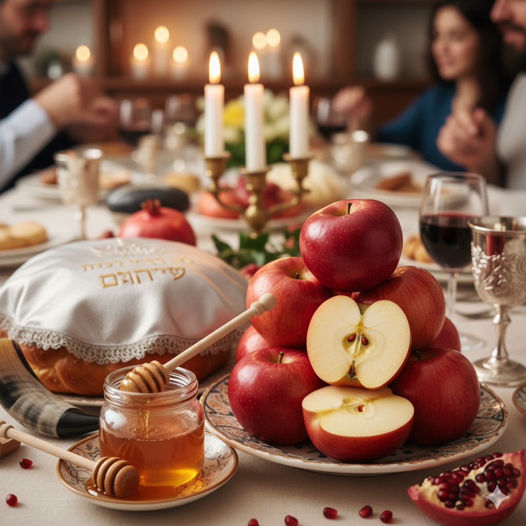 Apples and honey on a traditional Rosh Hashanah dinner table