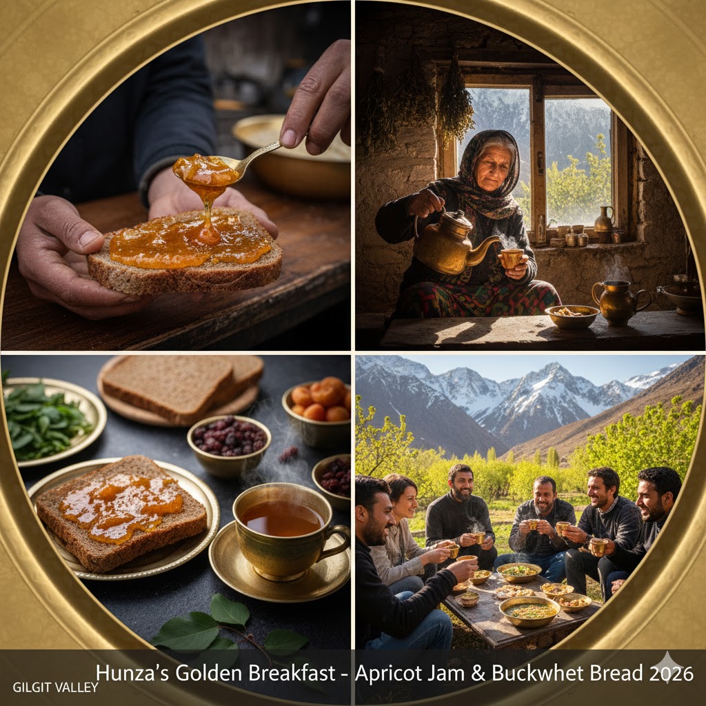 Apricot jam on buckwheat bread served with mountain tea in Hunza Valley