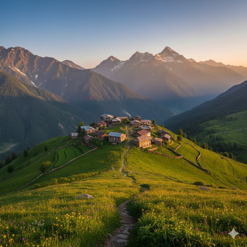 Arang Kel village under golden evening light with lush alpine fields