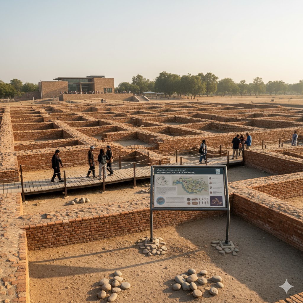 Archaeological ruins of Harappa site with ancient bricks and museum board