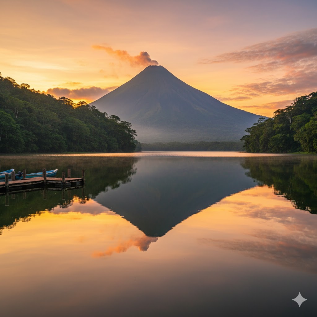 Arenal Volcano reflected in lake under sunrise, Costa Rica