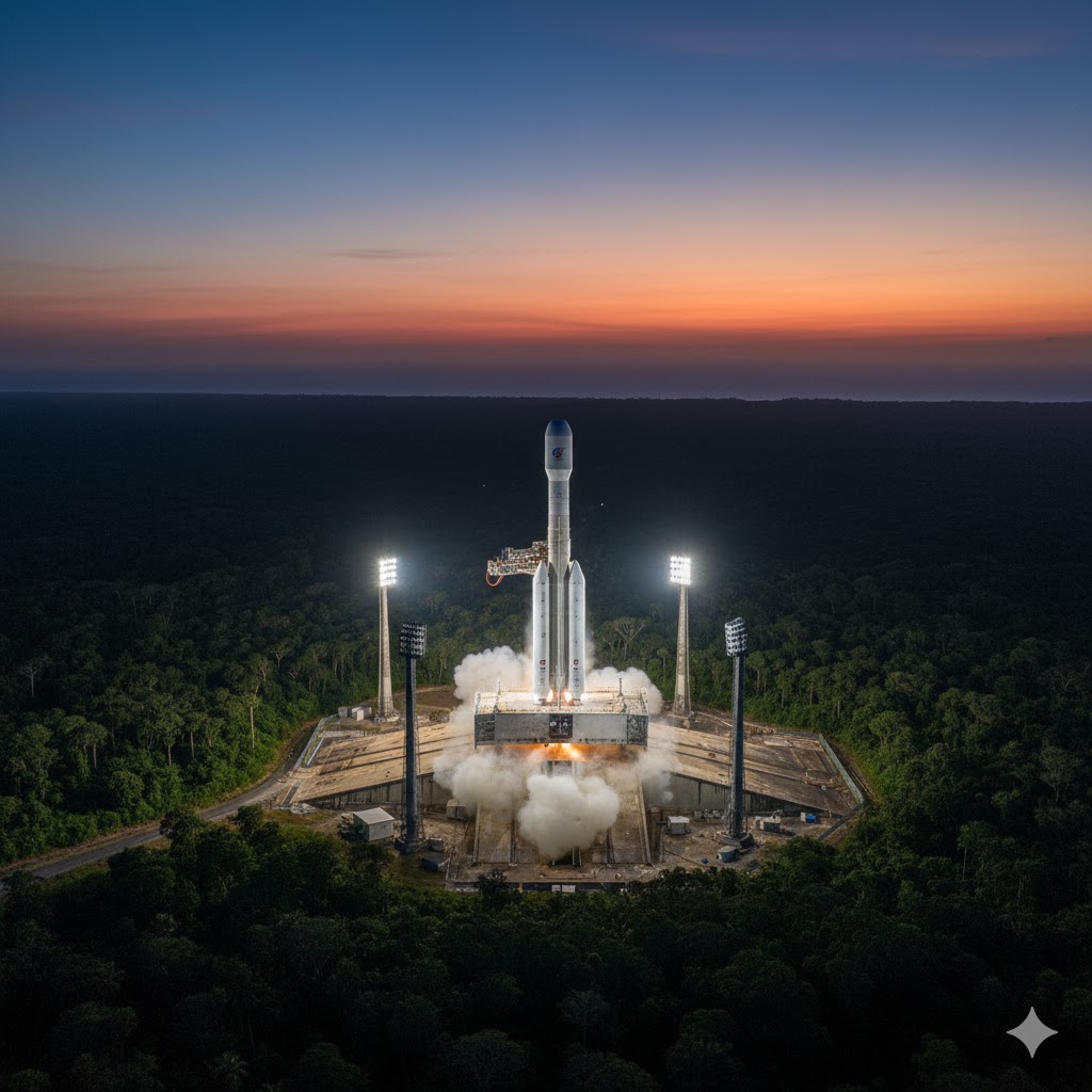 Ariane rocket launch site surrounded by jungle, French Guiana
