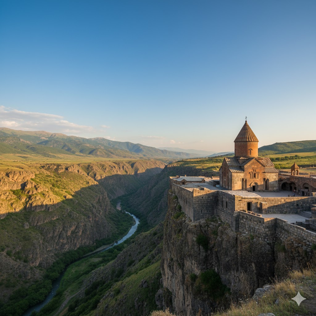 Armenia monastery on mountain cliff with blue sky