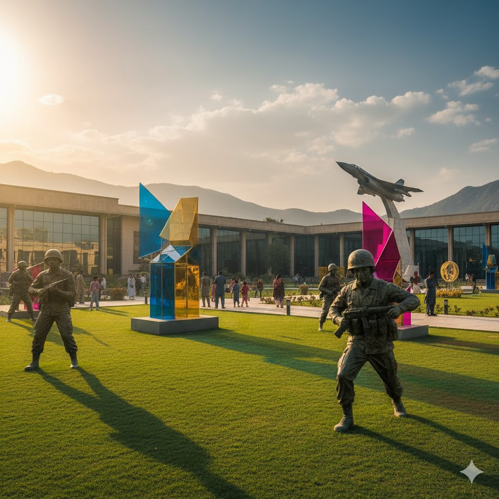 Army Museum Lahore outdoor sculptures of soldiers and modern art installations in landscaped courtyard.
