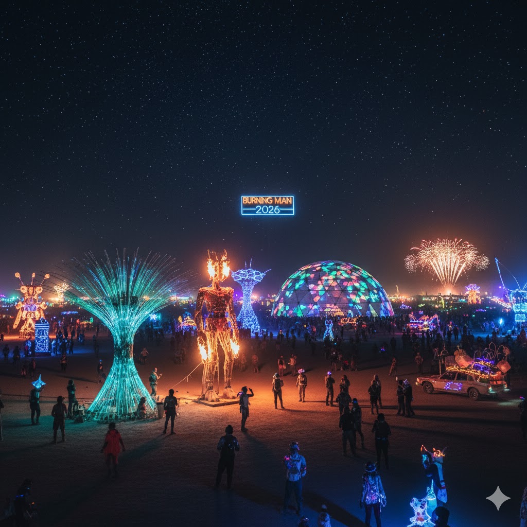Art installations and glowing sculptures at night during Burning Man 2026 Nevada.
