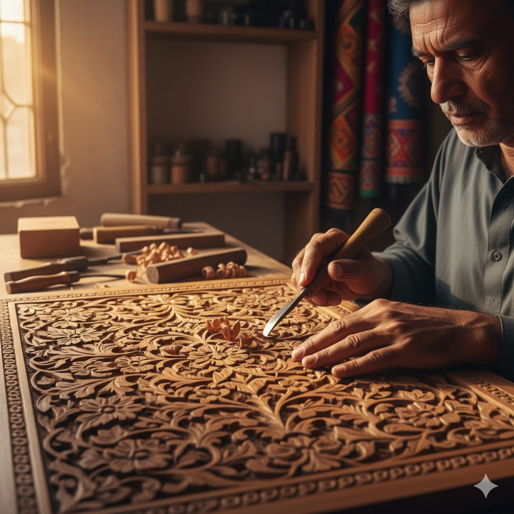 Artisan carving delicate floral patterns into a wooden panel in Chiniot