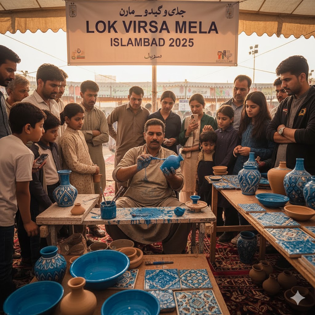 Artisan demonstrating blue pottery glazing technique during live craft workshop at Lok Virsa Mela Islamabad 2025 with visitors observing. Artisan demonstrating blue pottery glazing technique during live craft workshop at Lok Virsa Mela Islamabad 2025 with visitors observing.